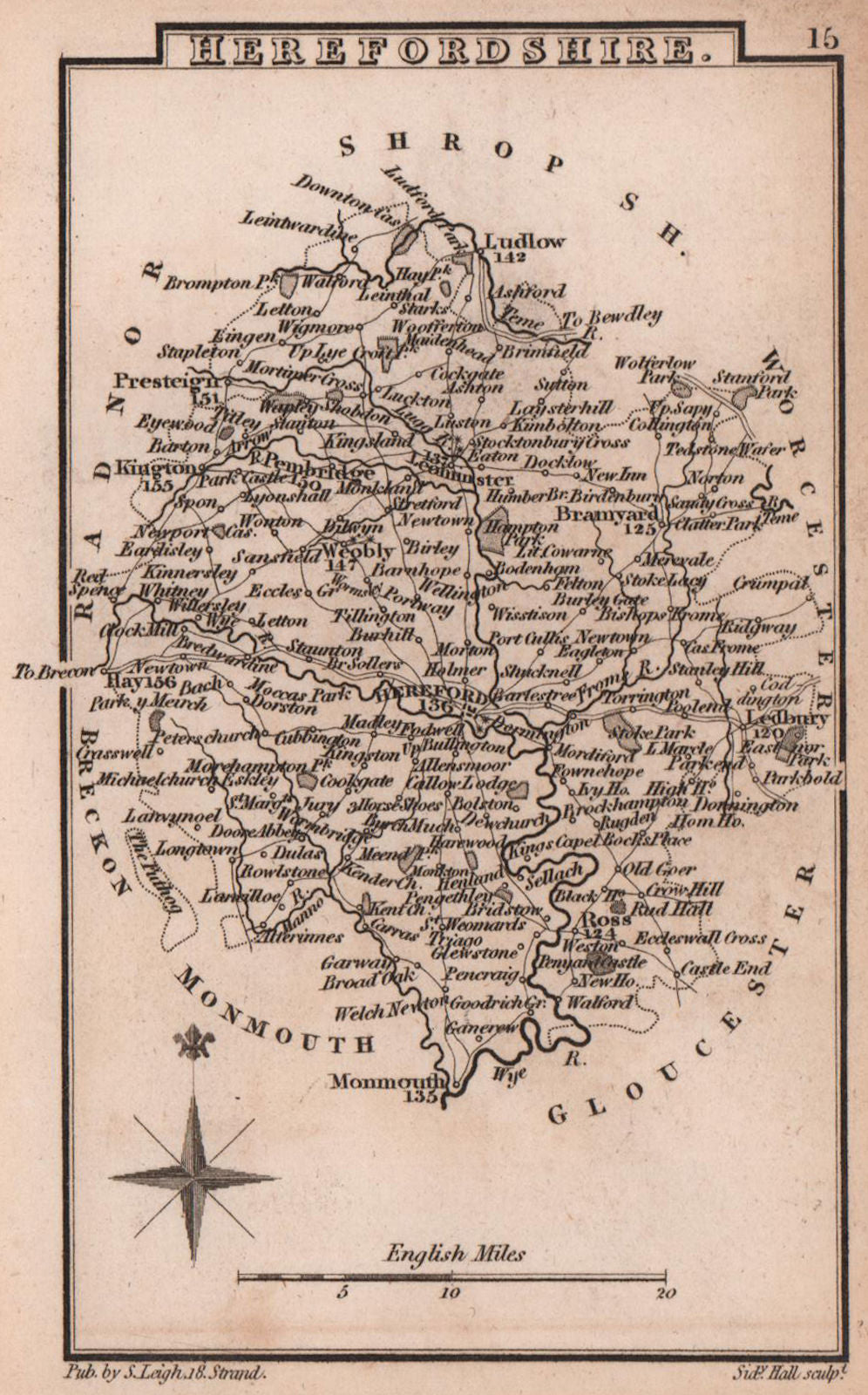 Herefordshire miniature county map by Samuel Leigh / Sidney Hall c1820 old